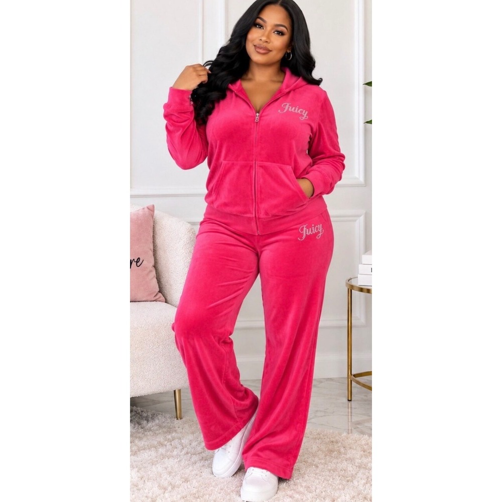 Juicy Couture Tracksuit Set Large vixen Pink Velour Rhinestone Logo Zip Hoodie